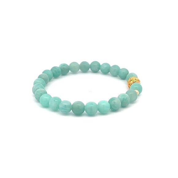 18K Gold Money Ball Lucky Charm Beads Bracelet Gemstones Amazonite Peru 6mm - Picture 3 of 5